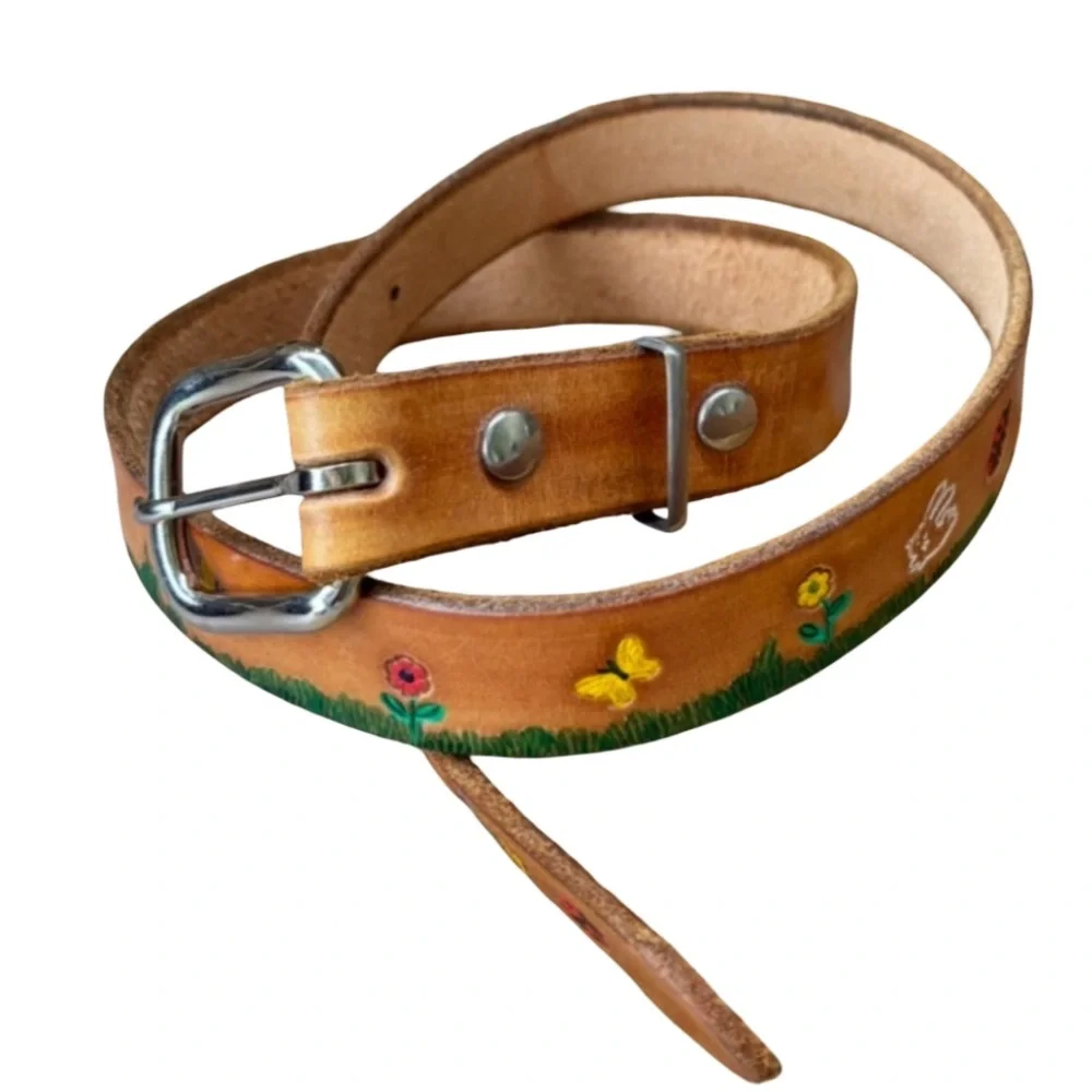 Hand Tooled & Painted Leather Belt Flower Bunny Deer Butterfly Ladybug Mushroom